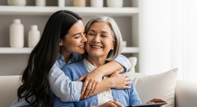 Young woman embraces an older woman with affection, conveying intergenerational connection and familial warmth, symbolizing love and belonging, suitable for lifestyle or family concepts