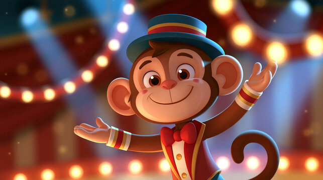 Cheerful monkey performing on a vibrant circus stage with lights, with copy space