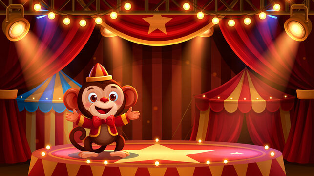 Cheerful monkey performing on a vibrant circus stage with lights, with copy space