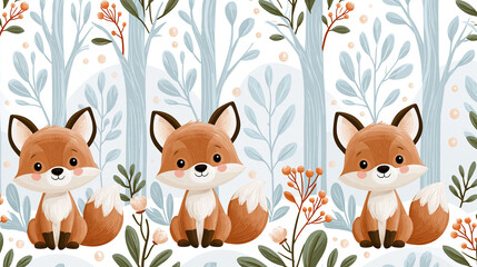 Fototapeta premium Mini woodland animals pastel nursery wallpaper, adorable fox cubs in an enchanted forest, tiny forest friends, cute little animals in soft woodland scenery, with copy space