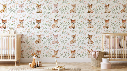Fototapeta premium Mini woodland animals pastel nursery wallpaper, adorable fox cubs in an enchanted forest, tiny forest friends, cute little animals in soft woodland scenery, with copy space