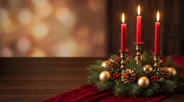 Advent wreath with three red burning candles and golden ornaments