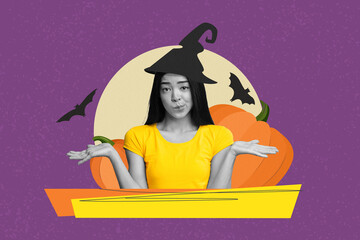 Fototapeta premium Confused Young Asian Woman Wearing Witch Hat With Pumpkin, Holding Hands Out In Questioning Gesture. Expressing Uncertainty At Halloween Theme Setting With Orange And Purple Background.