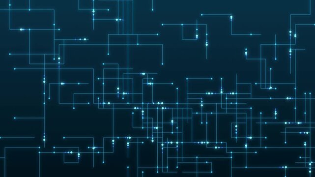 Circuit board lines with glowing data flow, technology background loop