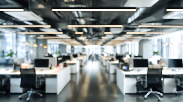 Blurred modern office interior background with desks and bokeh lights.