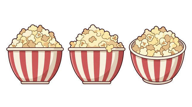 Bowl of salted popcorn. Red striped bowl full of crunchy salted popcorn vector illustration isolated on transparent background for movie night snack and cinema food