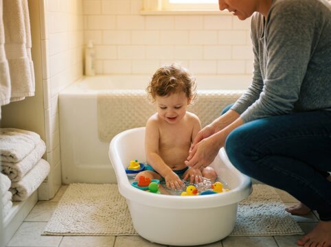 Toddler bath time in a small tub with parent hands in a bright bathroom