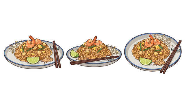 Thai pad thai noodles. Traditional Thai pad thai stir fried noodles vector illustration isolated on transparent background for asian cuisine and street food menu