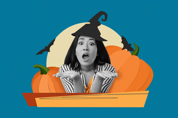 Fototapeta premium Surprised Young Asian Woman With Halloween Hat Raising Hands, Sitting Among Pumpkins, Expressing Surprise At Autumn Theme In Seasonal Setting, Ready For Festivities, Halloween Concept.
