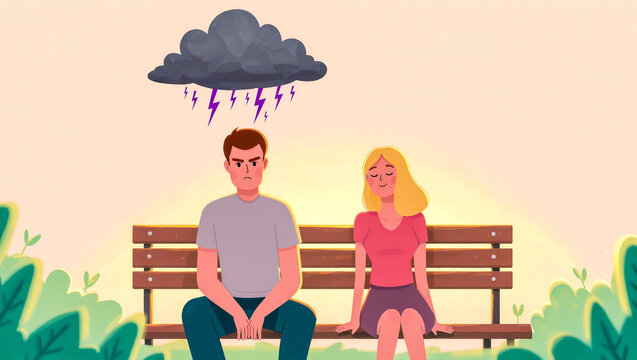 Overthinking concept, man with storm cloud on bench beside calm woman