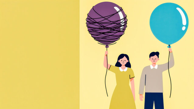 Overthinking concept, couple holding balloons, one tangled in thread. Copy space