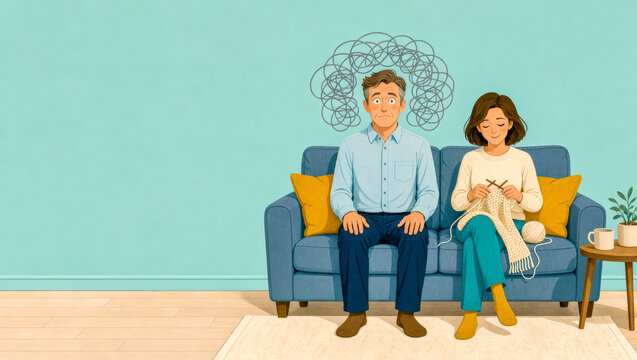 Overthinking concept, man with tangled scribble over head on sofa beside calm woman. Copy space