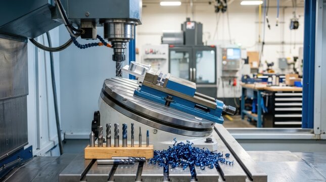Five axis machining setup with spindle head, rotary table, precision vise, carbide end mills, and blue metal chips in a machine bay.