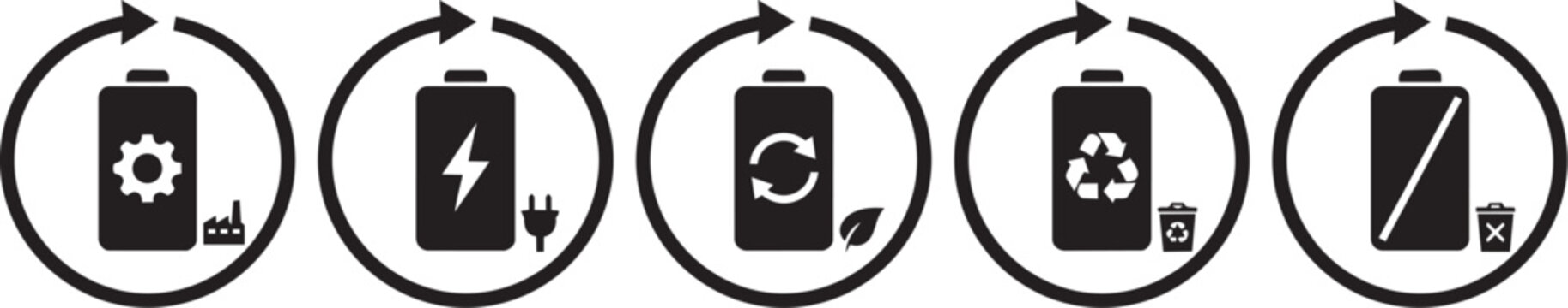 Battery Passport Icon Set of 5 Black and White Battery Lifecycle Recycling and WEEE Compliance Symbols