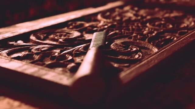 Sunlight pours into an artisan workshop, illuminating a finely carved wooden frame resting on a textured surface. A chisel and wood shavings complete the scene of skilled craftsmanship.