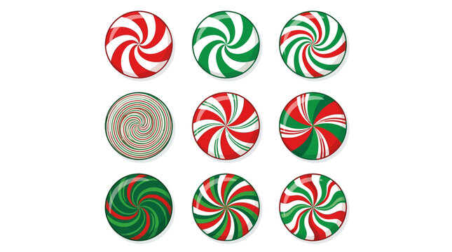 Holiday peppermint candy swirl stickers, festive red green and white circular icons, Christmas confectionery badge set for gift wrapping and card design isolated on White Background