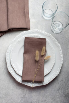 Folded Chocolate Brown Linen Viscose Napkin Table Setting