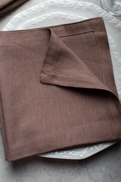 Folded Chocolate Brown Linen Viscose Napkin Table Setting