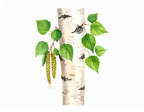 Watercolor illustration of a birch tree trunk with green leaves and catkins isolated on a white background