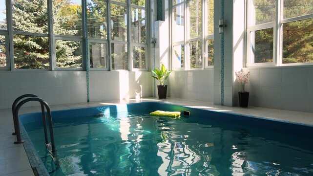 Wide angle view of indoor swimming pool with large windows