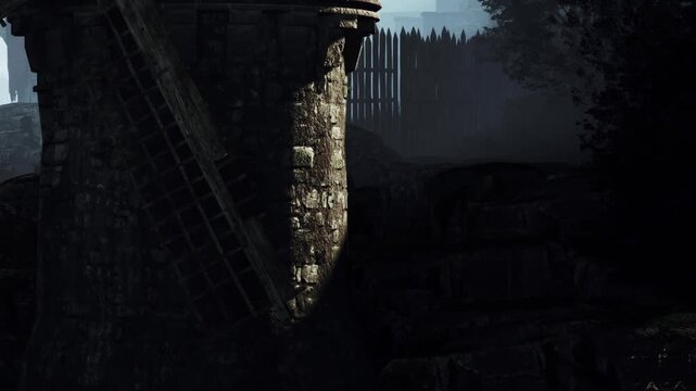 An ancient fortress stands silent at dusk, its weathered stones casting shadows. The rugged path winds through the dark, inviting exploration of the secrets hidden within the ruins.