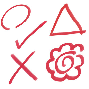 Set of red pen hand drawn grading marks: circle, cross, triangle, check mark and flower circle for tests and homework.