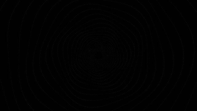 Abstract minimal dotted concentric circles forming a dark hypnotic tunnel vortex with moving fine white dots