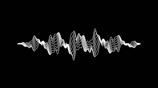 Animated white audio sound wave spectrum line pulsating on a black background for music or voice equalizer