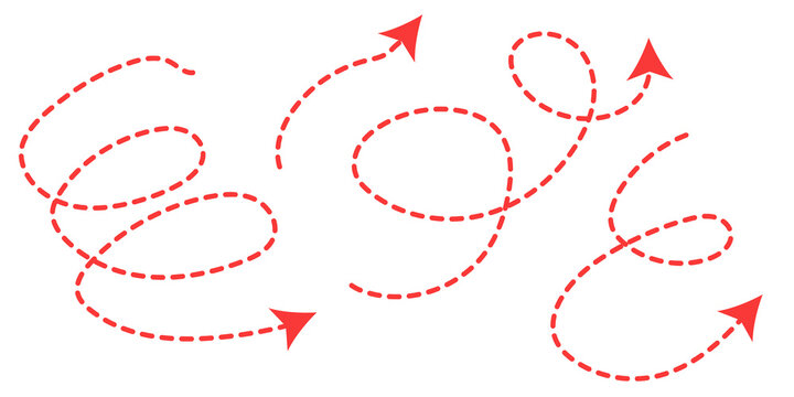 Red dashed curly loop arrows set, hand drawn swirl path direction arrows
