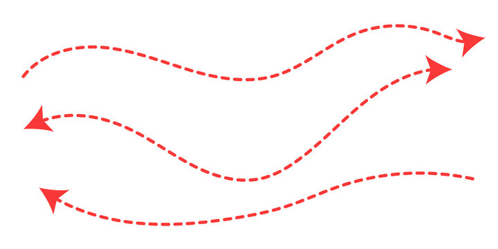 Red wavy dashed arrows set, curved left and right direction arrows