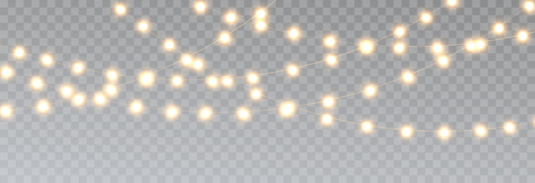 Set of festive Christmas string lights with bright LEDs for advertisements, web banners, greeting cards, and invitations. Collection of glowing Christmas lights PNG.
