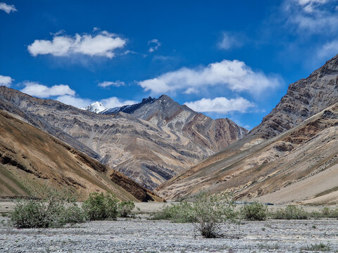 View of the rugged mountain landscape near the Penzi La road with rocky terrain, sparse shrubs, and snow-capped peaks under a blue sky in Zanskar, Ladakh, India.