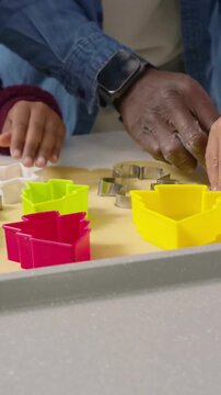 Vertical video: Holding tray, dad in denim guiding kids cutting shapes with cutters at home baking