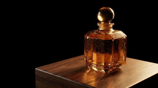 Elegant vintage perfume bottle with golden accents on a dark wooden surface