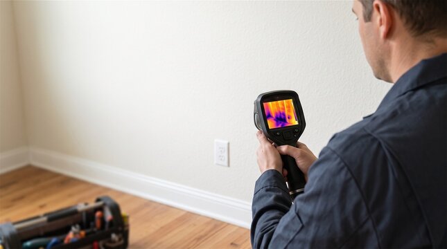 Home inspector checking wall for heat loss with thermal imager