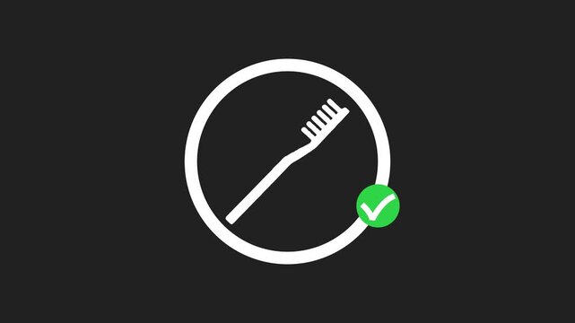 Minimalist toothbrush icon animation with circular progress bar and green checkmark on dark background.