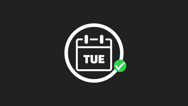 Calendar icon animation shows tuesday being checked off on dark background with clean and simple visual style.