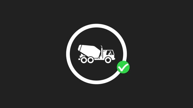 Cement mixer truck loading progress icon animation on black background representing construction and development success.