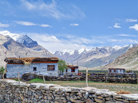 View of traditional stone houses with mud-brick walls and thatched roofs set against a backdrop of snow-capped mountains near the Penzi La road in Zanskar, Ladakh, India.