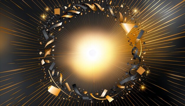 中心の強い光と放射状の線の中に黒と金の紙吹雪が円状に舞う背景　Background Where Black and Gold Confetti Dance in a Circle Amidst Strong Central Light and Radial Lines
