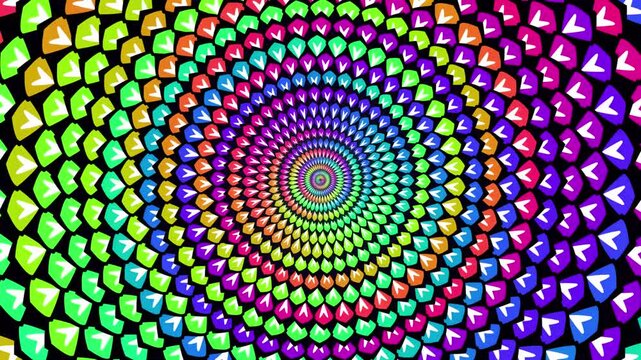 Vibrant colorful psychedelic tunnel vortex animation with glowing geometric abstract patterns