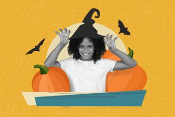 Fototapeta premium Joyful Emotion. Happy Black Girl Age Group Child Celebrating Halloween By Wearing Witch Hat And Posing With Pumpkins In Festive Setting, Cheering With Excitement. Halloween Concept.