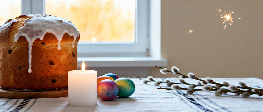 Easter cake with icing, colored eggs, candle and pussy willow on table near window
