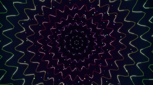 Abstract neon tunnel animation with glowing zigzag geometric patterns and moving light particles