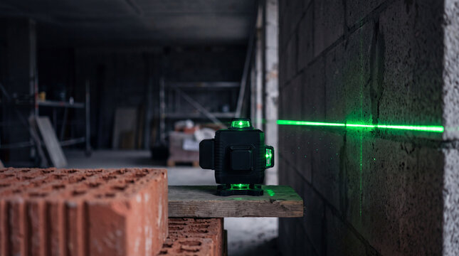 Green laser level aligning masonry wall during indoor construction site setup and bricklaying preparation