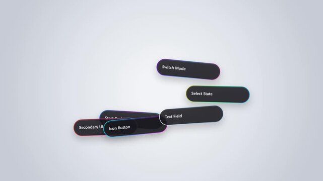 Floating dark UI buttons with colorful glowing borders and text labels moving on a light background