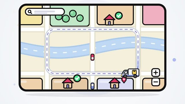 Delivery Truck Navigation Route Map Digital Animation Showing Logistics Tracking Service