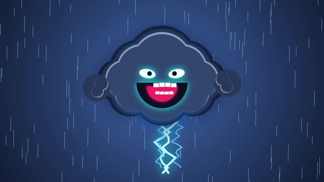 Funny animated storm cloud character with smiling face and glowing lightning bolt in dark night sky