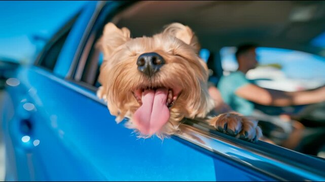 A Yorkshire Terrier pokes its head through an open window of a blue car with its tongue out, illustrating pet travel and companionship