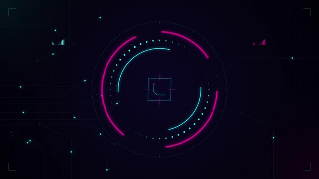 Hud interface with rotating neon circles and futuristic data elements on dark grid background